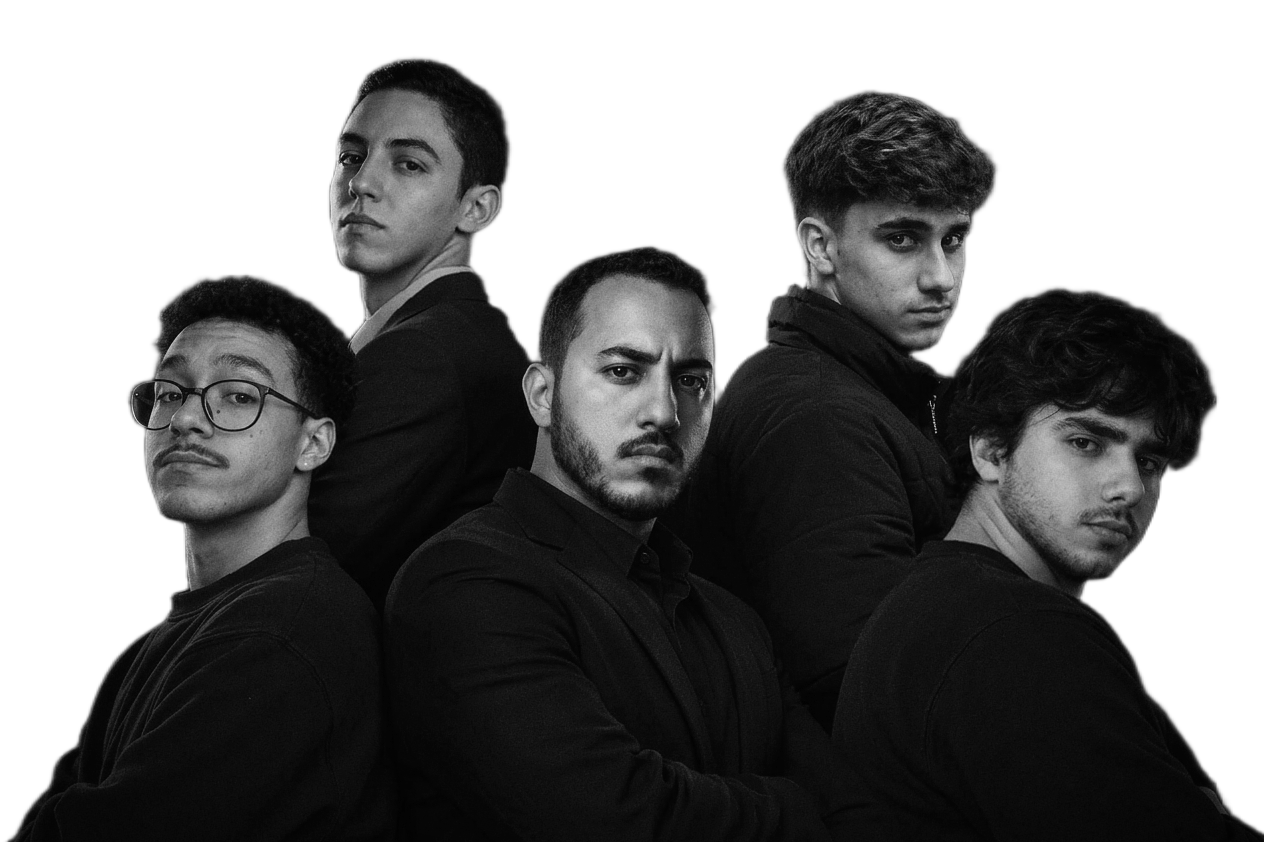 Os cinco integrantes do Fiasko, em preto e branco.